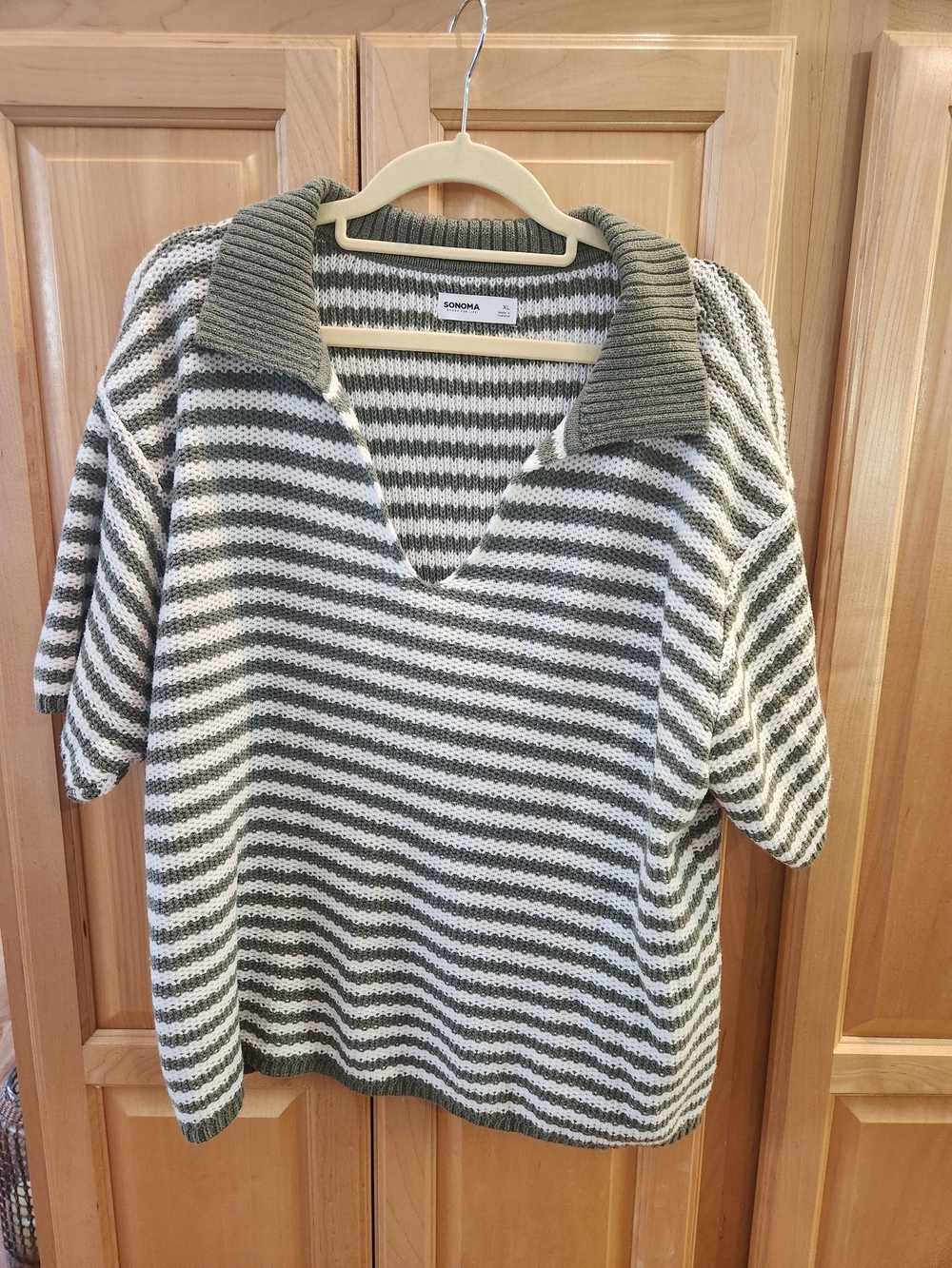 Sonoma Olive & Cream V‑Neck Striped Knit Sweater